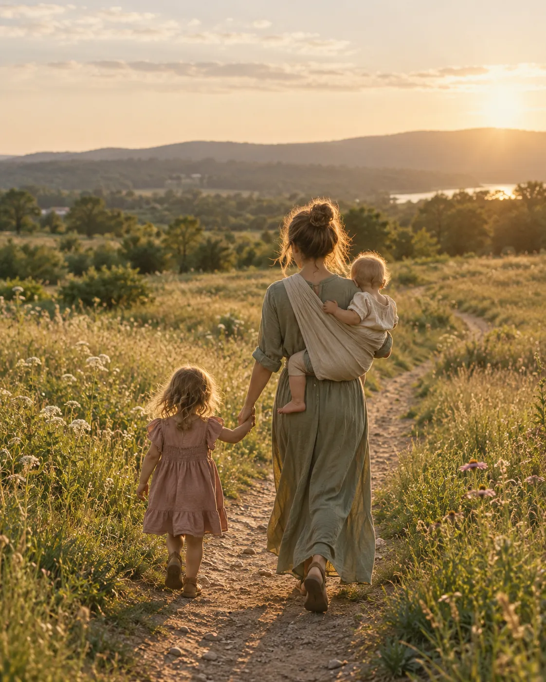 Eine Mutter geht mit ihren zwei kleinen Kindern im Abendlicht einen Feldweg entlang, von hinten gesehen.